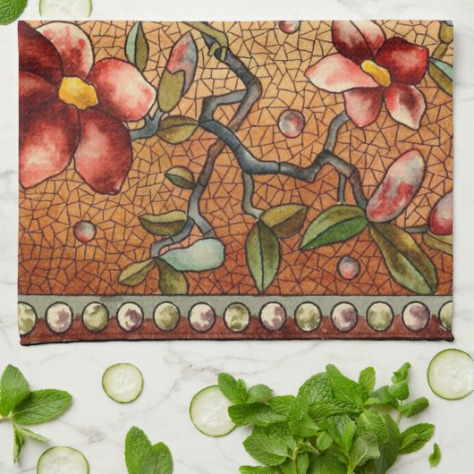 vogel met Glas in lood op een bloeiende boom Theedoek (Gevouwen)