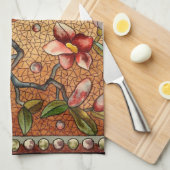 vogel met Glas in lood op een bloeiende boom Theedoek (Quarter Fold)