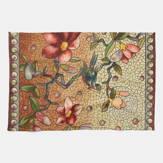 vogel met Glas in lood op een bloeiende boom Theedoek (Horizontaal)