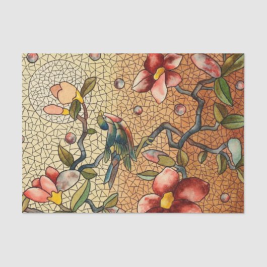 vogel met Glas in lood op een bloeiende boom Tissuepapier (Voorkant)