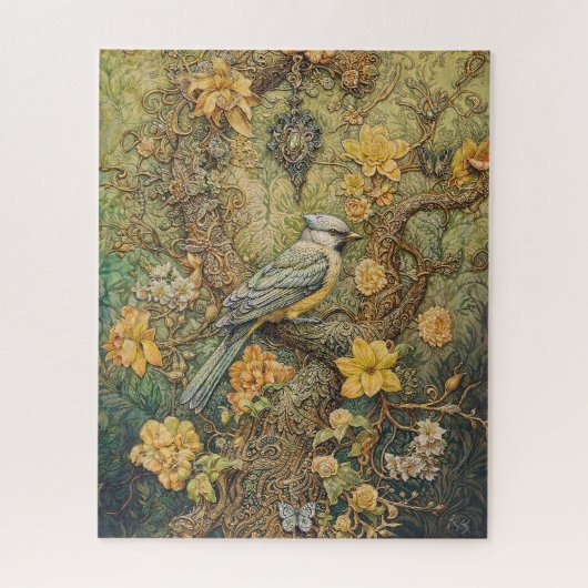 vogel met gouden bloemen en Victoriaans deco Legpuzzel (Verticaal)