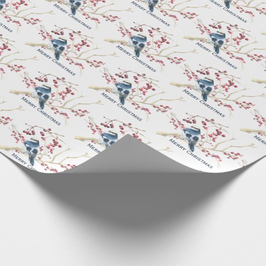 Vogel met kerstkleertjes cadeaupapier (Hoek)