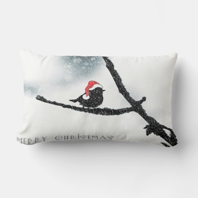 Vogel Met Kerstman Hoed, Prettig Kerstfeest Kussen (Voorkant)