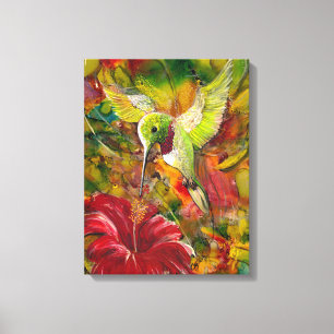 Vogel met rode hibiscus canvas afdruk