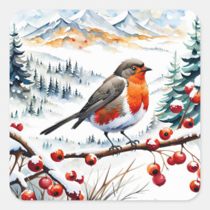 Vogel met sneeuw en rode bessen vierkante sticker
