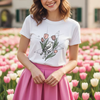 Vogel met Tulp bloem Minimalistische Bloem Botanis Tri-Blend Shirt