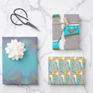 Vogel met worm, lucht met wolken, inpakpapier vel
