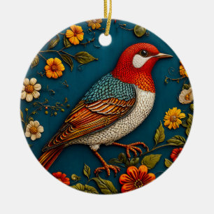 Vogel Neerzittend Te midden van Kleurrijke Bloemen Keramisch Ornament