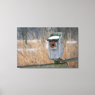 Vogel, nestbox met vakantieadem in de winter canvas afdruk