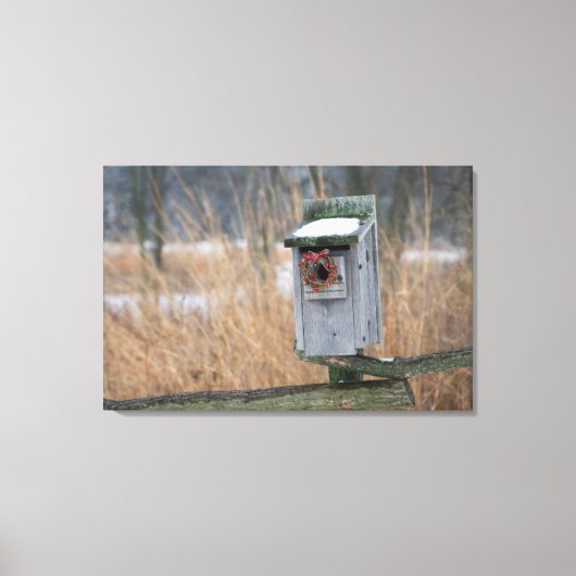 Vogel, nestbox met vakantieadem in de winter canvas afdruk (Voorkant)