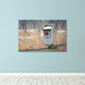 Vogel, nestbox met vakantieadem in de winter canvas afdruk (Insitu (Houten vloer))