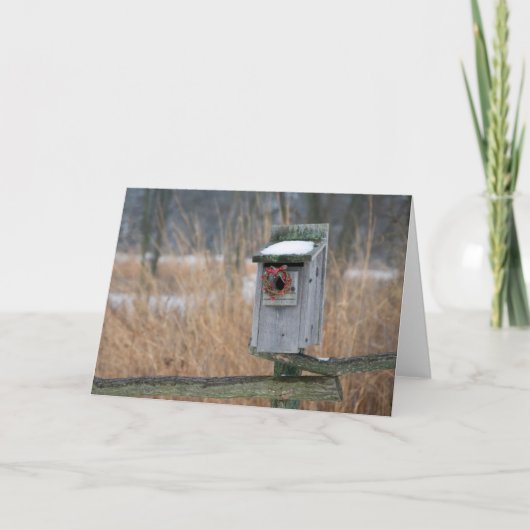 Vogel, nestdoos met vakantiewaas in de winter feestdagen kaart (Voorkant)