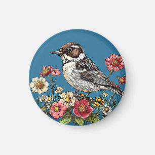 Vogel omlijst door levendige bloemen magneet