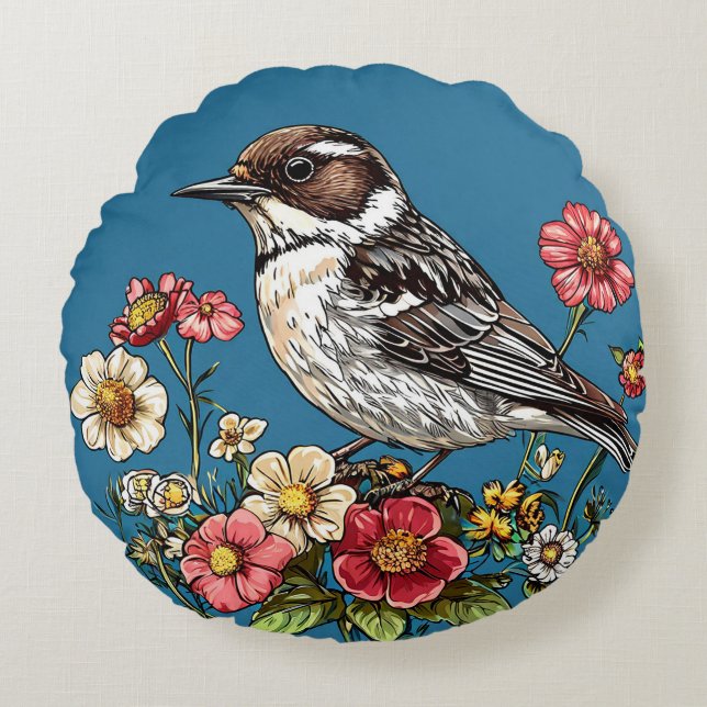 Vogel omlijst door levendige bloemen rond kussen (Voorkant)