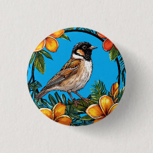 Vogel omlijst door levendige bloemen ronde button 3,2 cm