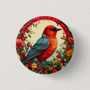 Vogel omlijst door levendige bloemen ronde button 3,2 cm