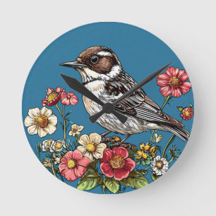 Vogel omlijst door levendige bloemen ronde klok