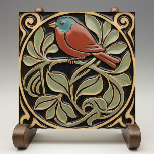 Vogel op bloemen Art Deco Nouveau namaak reliëf Tegeltje