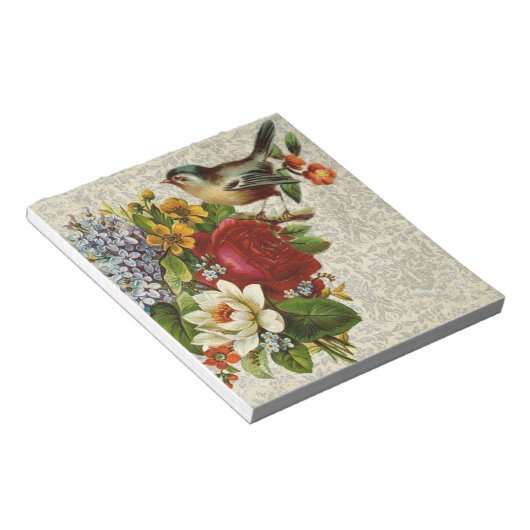  vogel op bloemen notitieblok (Schuin)