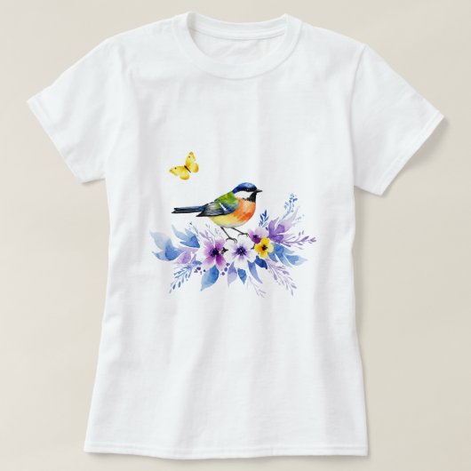 Vogel op bloemen t-shirt (Design voorkant)