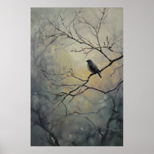Vogel op boom gezeten Donkere Academie, Vogel Muur Poster
