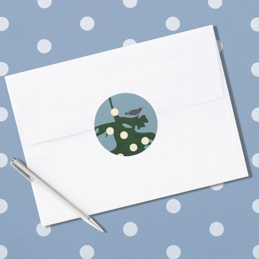 Vogel op boom met lampjes ronde sticker