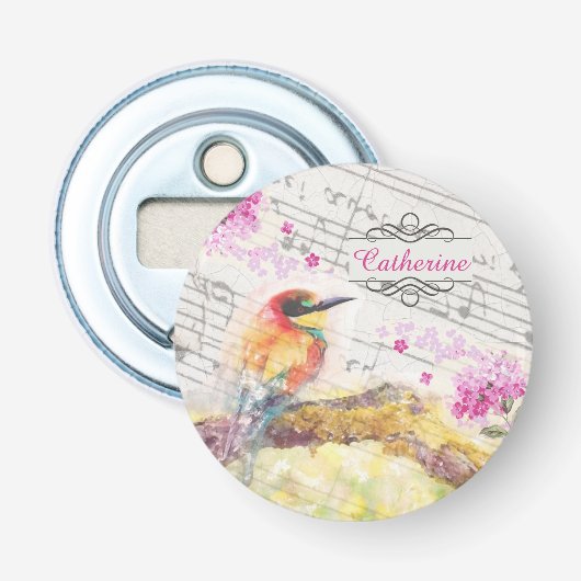  vogel op boomroze bloemen ontkoppelen button flesopener (Voorkant)