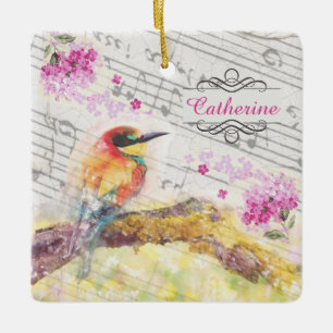 vogel op boomroze bloemen ontkoppelen keramisch ornament