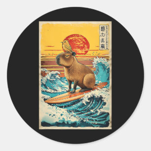 Vogel Op Capyra Surft Op Grote Golf Anime Kawaii J Ronde Sticker