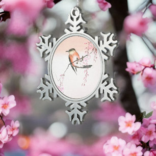 Vogel op de Wapende Cherry - Shidarezakura in koto Tin Sneeuwvlok Ornament