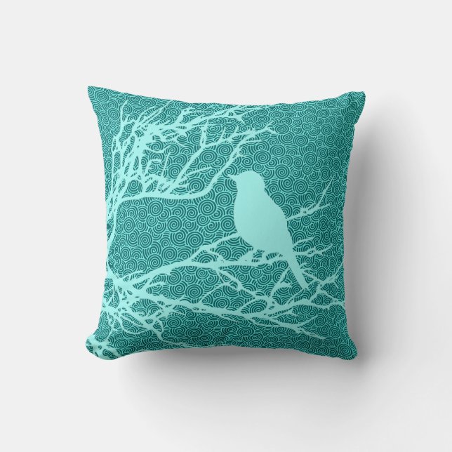Vogel op een bijkantoor, Aqua Against Turquoise Kussen (Voorkant)