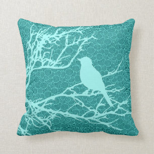 Vogel op een bijkantoor, Aqua Against Turquoise Kussen