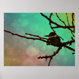 Vogel op een bijkantoor - Aqua N roze Poster