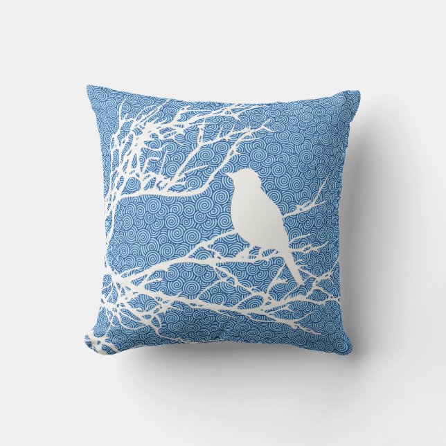 Vogel op een bijkantoor, wit tegen Sky Blue Kussen (Voorkant)