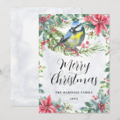 Vogel op een Branch Poinsettia Merry Kerstmis Feestdagenkaart (Voorkant / Achterkant)