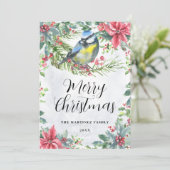 Vogel op een Branch Poinsettia Merry Kerstmis Feestdagenkaart (Staand voorkant)