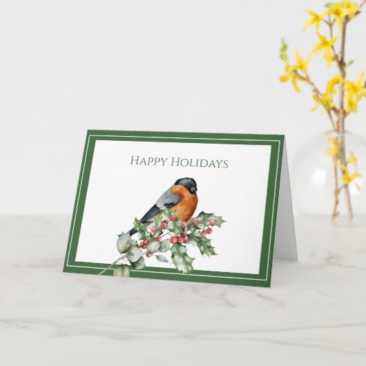 Vogel op een Branch van Holly, Green en White Holi Kaart (Gele Bloem)