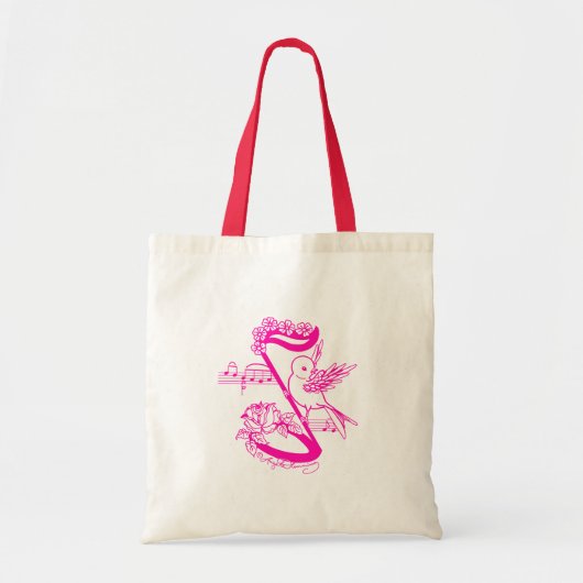 Vogel op een muzieknoot met druppelroze tote bag (Voorkant)