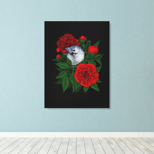 Vogel op een rood pioenboeket canvas afdruk (Insitu (Houten vloer))