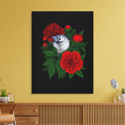 Vogel op een rood pioenboeket canvas afdruk (Insitu (Woonkamer))