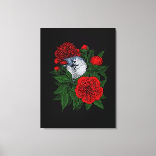 Vogel op een rood pioenboeket canvas afdruk (Voorkant)