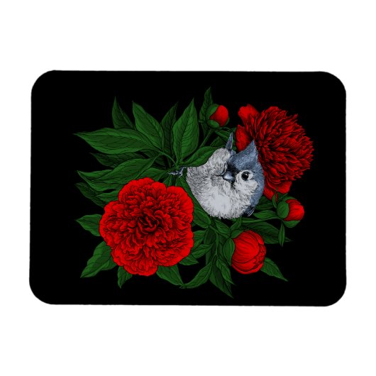 Vogel op een rood pioenboeket magneet (Horizontaal)