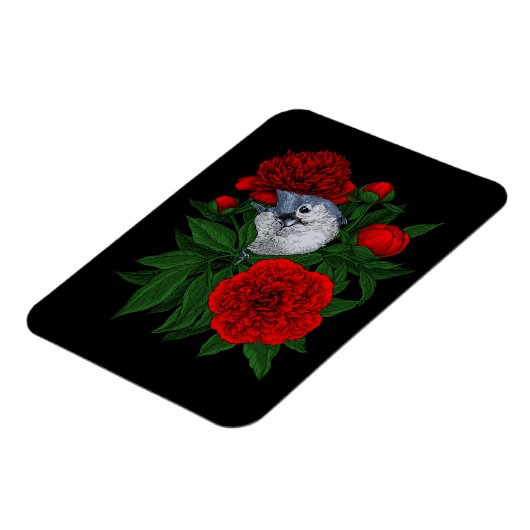 Vogel op een rood pioenboeket magneet (Linkerzijde)