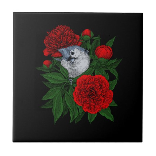 Vogel op een rood pioenboeket tegeltje (Voorkant)