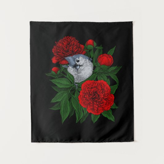 Vogel op een rood pioenboeket wandkleed (Voorkant)