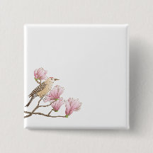 Vogel op een roze Magnolia Branch Sketch Pin Butto