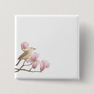 Vogel op een roze Magnolia Branch Sketch Pin Butto Vierkante Button 5,1 Cm