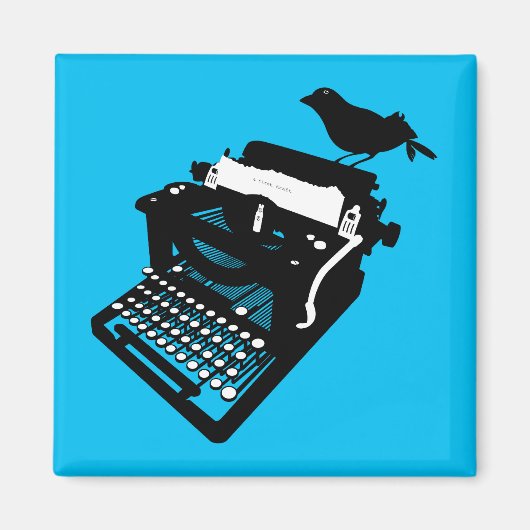 Vogel op een Typewriter Magnet (blauwe achtergrond (Voorkant)