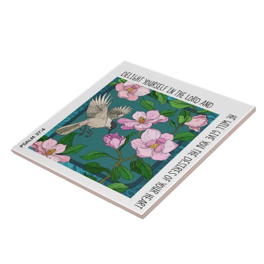 Vogel op Floral: vers uit Psalm 37:4 keramische Te Tegeltje (Zijkant)