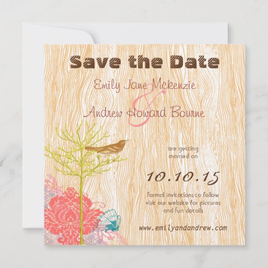 vogel op het HoutGrain-huwelijk sparen de datum Save The Date (Voorkant)